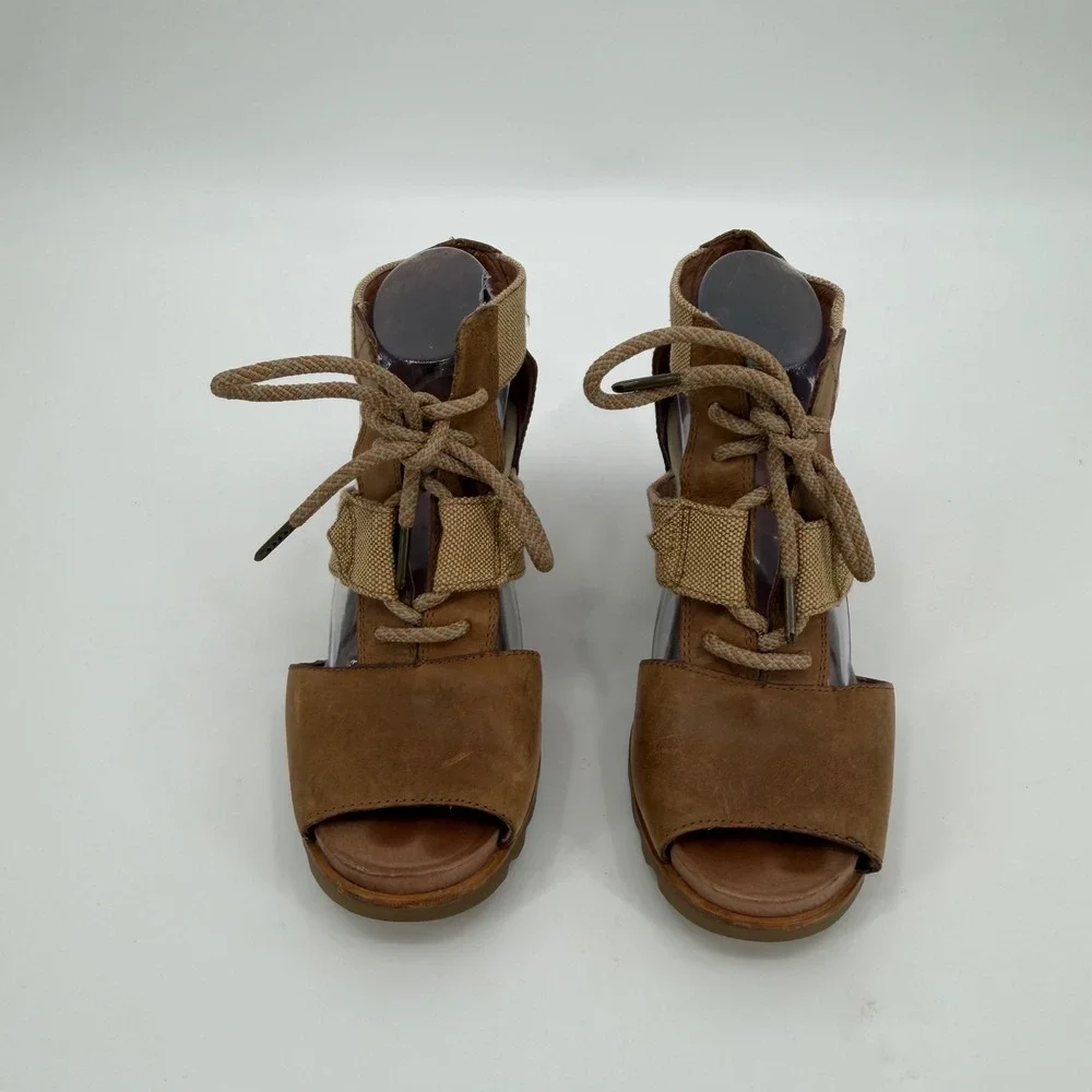 Sorel Joanie Lace Tan Leather Canvas Wedge Sandals NL2441-286 Womens 10